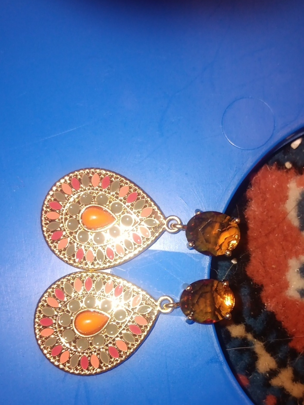 Gold-Tone Teardrop Earrings with Orange and Pink Accents